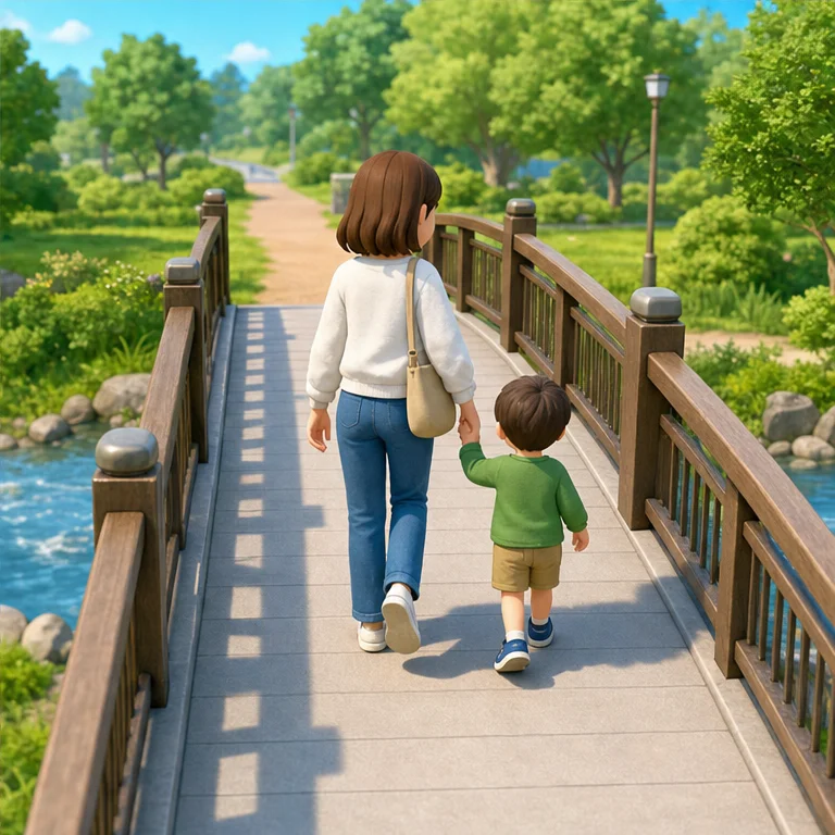 Bridges are important things that everyone uses.
On a bridge, we walk instead of running.
We look carefully at the railing and path, and cross safely.