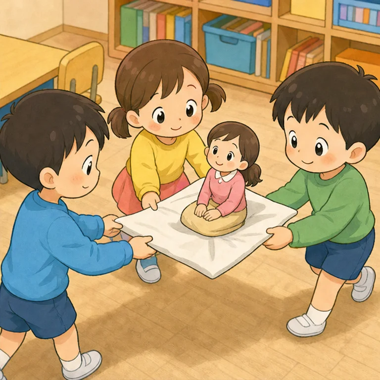 「先生、大丈夫？」と、みんなで聞きました。
先生は小さな声で言いました。
「安全な椅子まで、そっと運んでくれる？」
子どもたちは、ぎゅっとつかまず、ハンカチに先生をのせて、ゆっくり運びました。