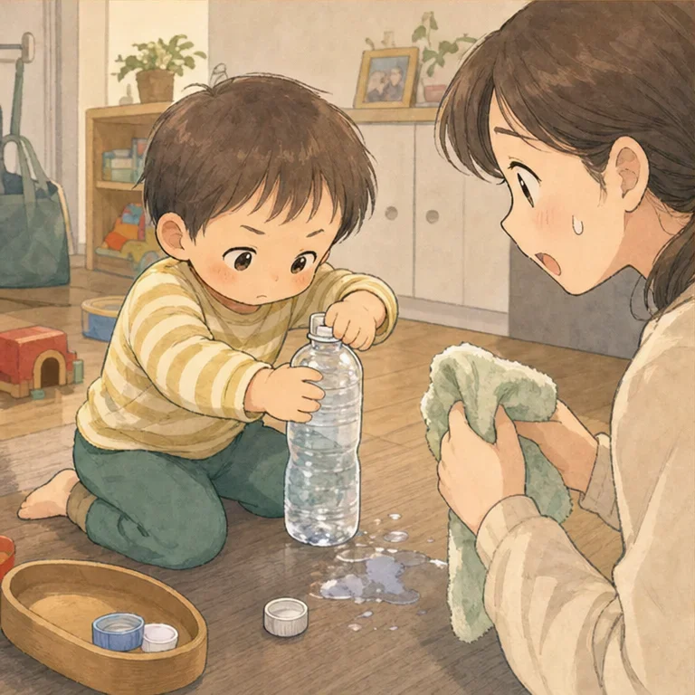 一度できるようになると、そこからが早いものでした。
さっきまで飲んでいた水、テーブルの上の空のペットボトル、バッグに入れていた予備の飲み物。
見つけるたびに、小さな手がふたへ伸びます。
成長はうれしい。でも、こぼれた水を拭きながら「これは目が離せないやつだ」と実感しました。