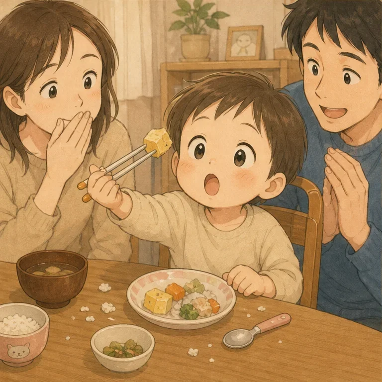 Around the time our child turned 3, that moment suddenly came.
At dinner, they gently pinched a piece of rolled omelet with their chopsticks and carried it all the way to their mouth.
It was just one small bite. Their grip still wasn’t perfect.
Even so, when I saw the look on their face as they realized, “I did it,” it felt as if the air around the table stopped for just a moment.