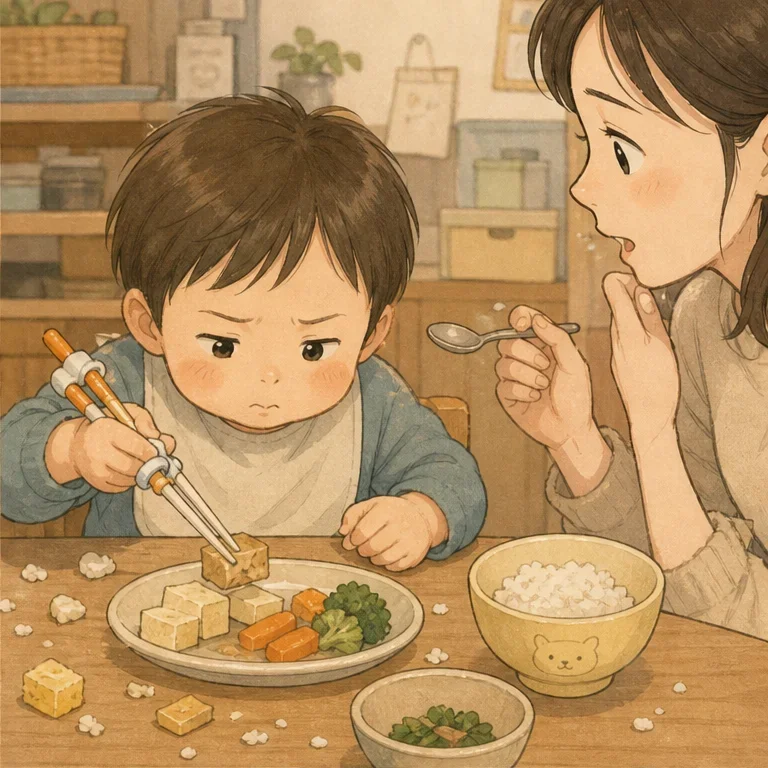 When we prepared a pair of training chopsticks, our child held them happily.
But picking up food was harder than expected: tofu crumbled, carrots rolled away, and grains of rice went everywhere.
I couldn’t help wanting to say, “Why don’t you eat with a spoon?”
But our child shook their head and, saying “By myself,” challenged the same side dish again and again.