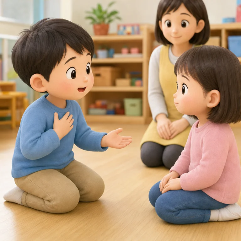 気持ちは、言葉で伝えます。
「いやだった」「かしてほしい」と言えます。
相手の話も、最後まで聞きます。