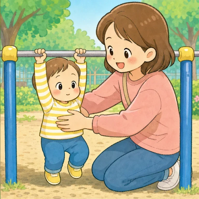 먼저 철봉을 양손으로 꼭.
엄마가 바로 곁에서 몸을 받쳐 줘요.
손을 놓지 말고 단단히 잡아요.
무서울 때는 “엄마, 도와줘” 하고 말해도 괜찮아요.