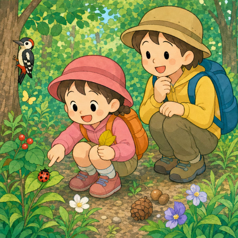 山を歩くと、いろいろなものが見つかります。
きれいな葉っぱ、小さなお花、ころころの木の実。
虫さんや鳥さんに会えることもあります。
でも、知らないきのこや実は、口に入れません。見るだけにしようね。