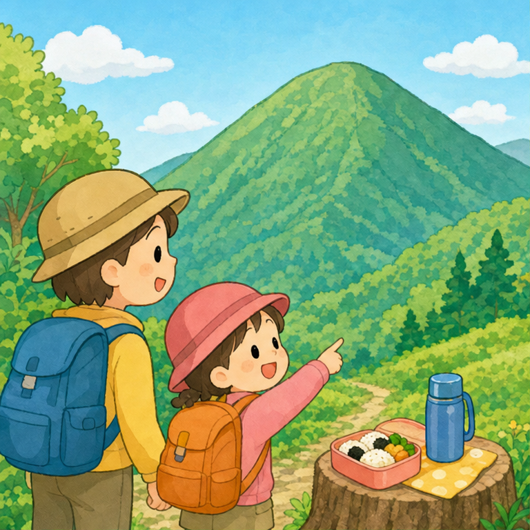 山は、地面が高くもりあがった、大きな自然の場所です。
山には、木や草、お花、虫や鳥がいます。
今日は、帽子をかぶって、リュックを持って、山へおでかけします。
お水も忘れずに持っていこうね。