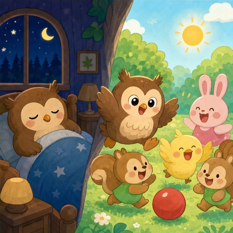 その夜、ふくろうくんは 早めに おふとんに 入りました。
「明日は みんなと 朝から あそびたいな」
ぐっすり ねむった ふくろうくんは、朝 すっきり 起きられました。
そして、おともだちと 元気いっぱい あそびました。
早く ねると、朝が 気持ちいいね！