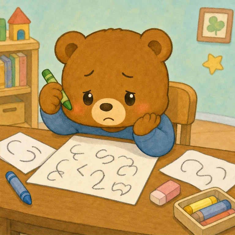 그런데 써 보니…… 어라라?
선이 구불구불. 동그라미도 잘 그려지지 않았어요.
몇 번을 써도 본보기처럼 되지 않았어요.
쿠우는 시무룩해졌어요.
“나는 못 하는 걸까……”