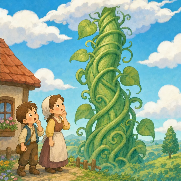 Jack’s mother was surprised when she saw the beans.
“Well, they look like ordinary beans to me.”
The beans fell plop into the garden.
The next morning, when Jack looked outside...
What a surprise!
The beanstalk had grown higher and higher, all the way up into the sky.
Jack said,
“I wonder what is above the clouds?”