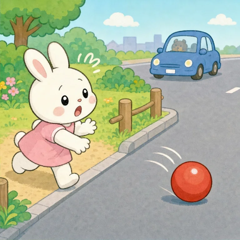 あっ！
ボールが ころころ、ころころ。
公園の外へ 出て、道路のほうへ 行ってしまいました。
子うさぎちゃんは、すぐに 追いかけたくなりました。
