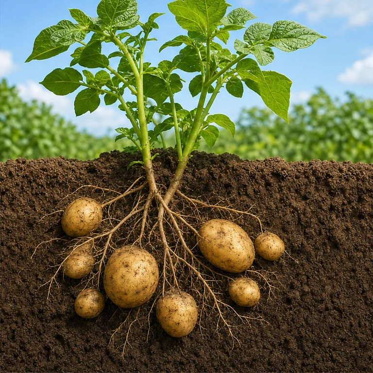 Potatoes grow in the soil.
Green leaves come out above the ground.
In the soil, potatoes slowly grow bigger.
