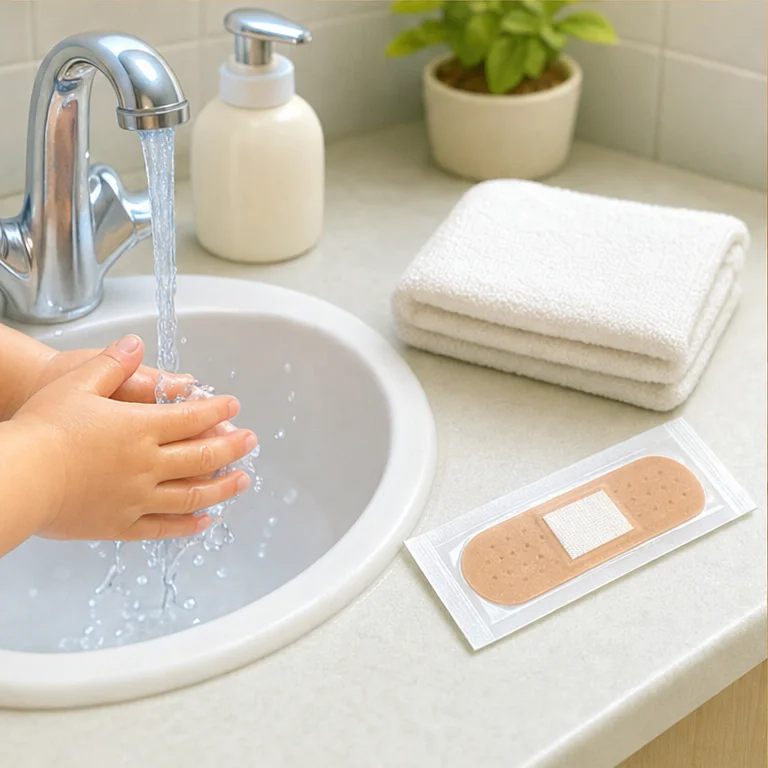Before putting on an adhesive bandage, clean the injury.
Wash it gently with water.
Gently dry it with a clean towel, then put on the bandage.