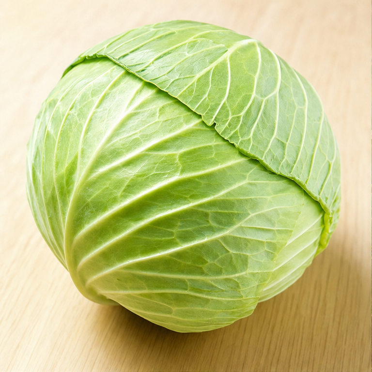 キャベツは、丸い形の野菜です。
うすい緑色の葉っぱが、たくさん集まっています。
さわると、葉っぱが少しかさかさしています。