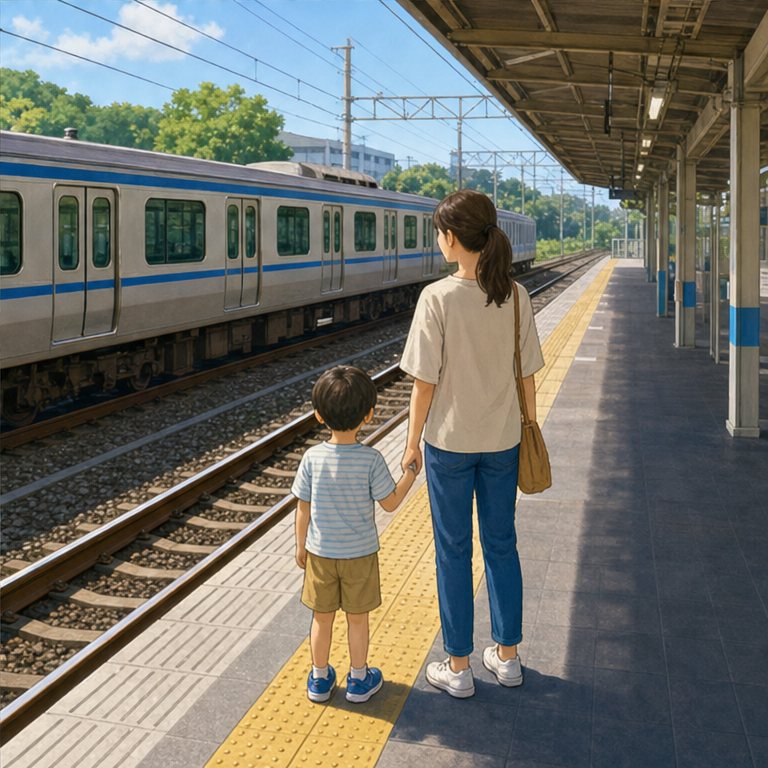 駅では、線路に近づきすぎません。
電車を待つときは、大人といっしょに待ちます。
電車の中では、しずかにすごします。
