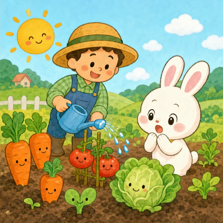 いただきますの国で、ぴょんたは 広い畑に つきました。
そこでは、畑の人が 野菜に お水をあげていました。
「おいしくなあれ、大きくなあれ」
野菜は、太陽の光、土の力、お水、そして 育てる人の お世話で 大きくなります。
ぴょんたは 思いました。
「ぼくの おかずの 野菜は、だれかが 大切に 育ててくれたんだね。」