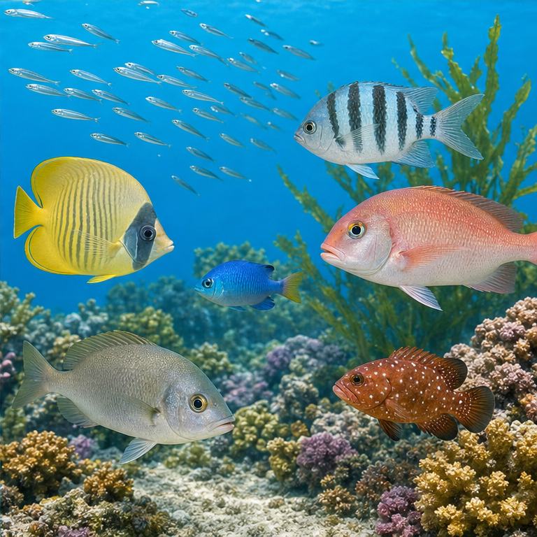 海には、いろいろなさかながいます。
小さいさかな、大きいさかながいます。
色や形も、さかなによってちがいます。