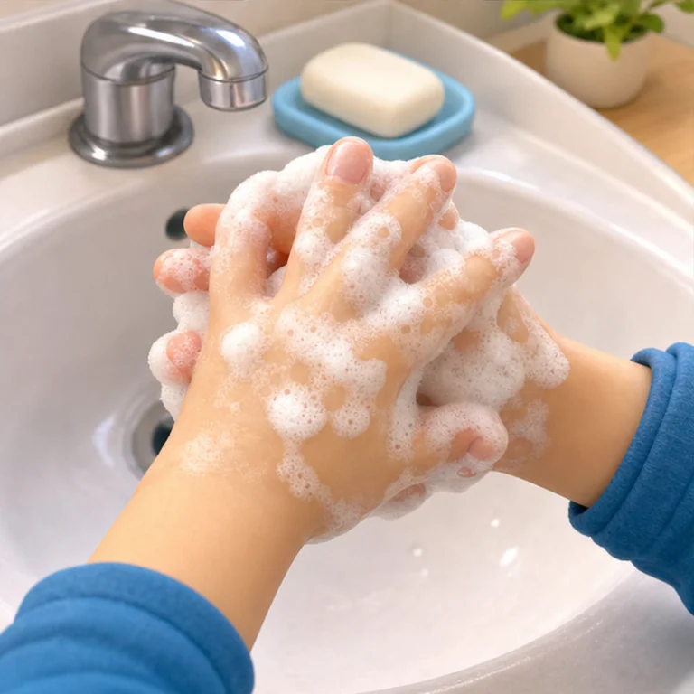 Rub your palms with bubbles.
Rub the backs of your hands and between your fingers too.
Gently rub around your nails too.