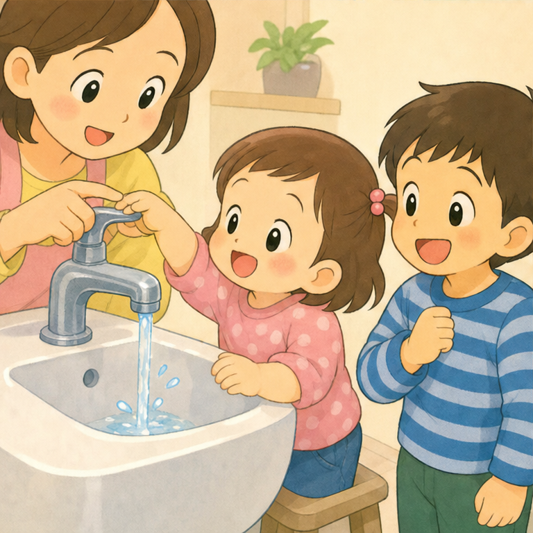 ひなちゃんは、少しずつ『自分でやってみたい』が増えるころです。
水道をさわると、お水が出ます。
止めると、お水が止まります。
『わたしがやったら、お水が動いた！』それが、とってもうれしいのです。