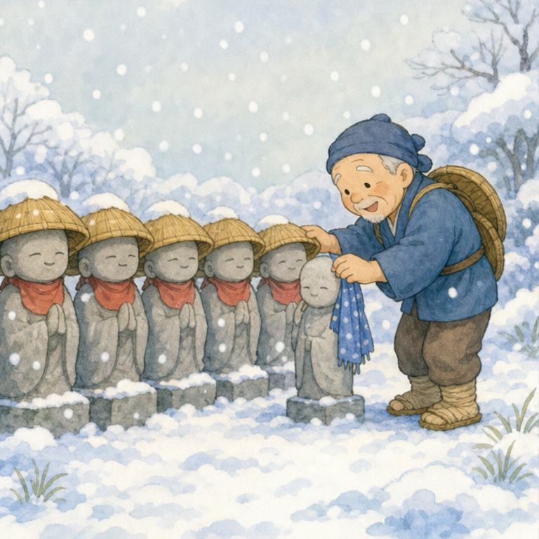 帰り道、おじいさんは 雪をかぶった おじぞうさまを 見つけました。
「まあ、寒そうだね」
おじいさんは、売れなかった かさを おじぞうさまに かぶせてあげました。
かさが足りなくなると、自分の てぬぐいも かけてあげました。