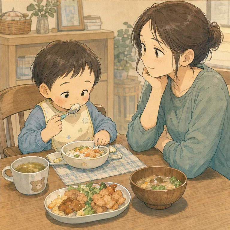 시간이 조금 지나자, 그렇게 매일 떨어뜨리던 숟가락을 어느새 떨어뜨리지 않게 되었습니다.
이번에는 스스로 밥을 뜨려고 하며, 흘리면서도 진지한 얼굴을 하고 있습니다.
그때는 ‘또야?’라고 생각했던 소리도, 지나고 보니 짧은 시기에만 들리던 신호였습니다.
식탁 아래 바닥을 몇 번이고 닦았던 일까지도, 우리 집다운 추억이 되어 있었습니다.