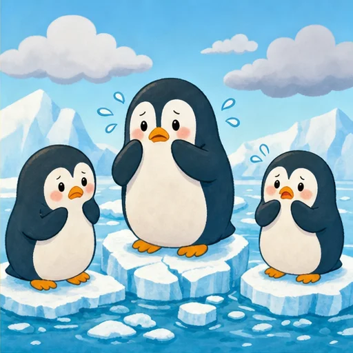 みんな、暑すぎるとどうなると思う？
氷がとけて、ペンギンさんたちが困ってる！
これだと、みんなも困っちゃうね。