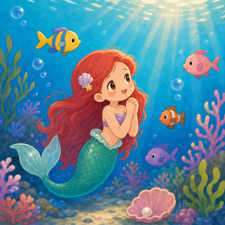 海の中に、かわいい人魚姫が住んでいました。
人魚姫は、お魚さんたちと仲よく暮らしていました。
でも、人魚姫はときどき、海の上の世界を見て思いました。
「人間の世界って、どんなところかな？」