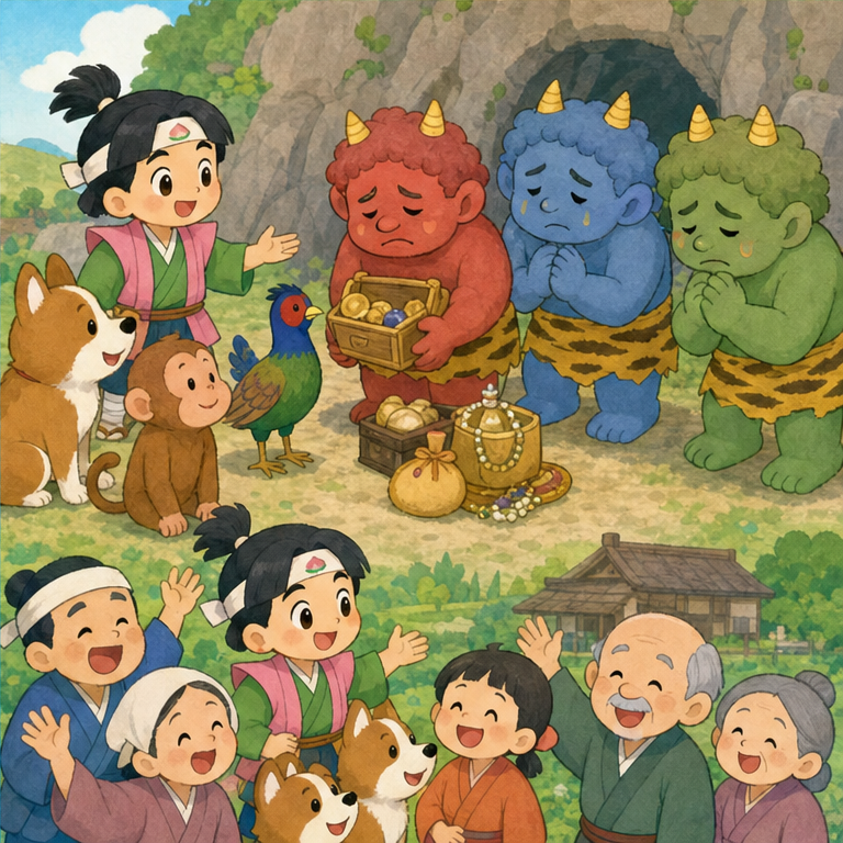 桃太郎たちは 鬼たちに言いました。
「人のものを取ったり、みんなを困らせたりしては だめだよ。」
鬼たちは「ごめんなさい」と言って、村から取ったものを 返しました。
桃太郎たちは 宝物を持って 村へ帰り、みんなに とても喜ばれました。