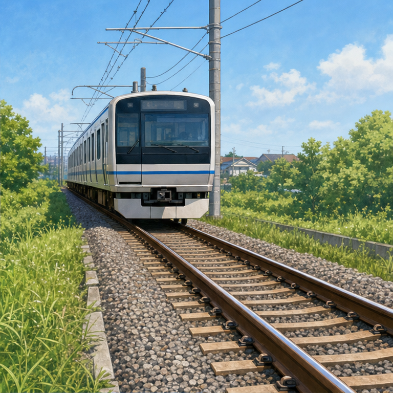 電車は、線路の上を走ります。
線路は、細長い鉄の道です。
電車の車わは、線路にのって進みます。