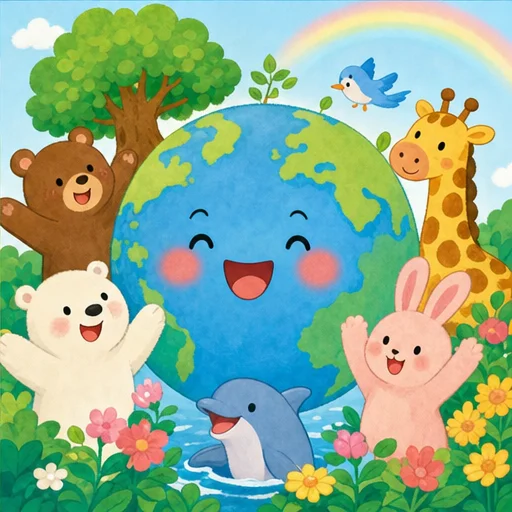 みんなで力を合わせたら、地球もにっこり。
動物さんたちも元気になったよ！
これからも一緒に地球を守っていこうね。