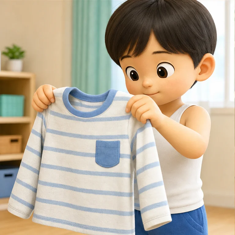 옷에는 앞과 뒤가 있어요.
옷깃이나 단추의 위치를 보고 방향을 확인해요.
소매에 손을 넣고 천천히 입어요.