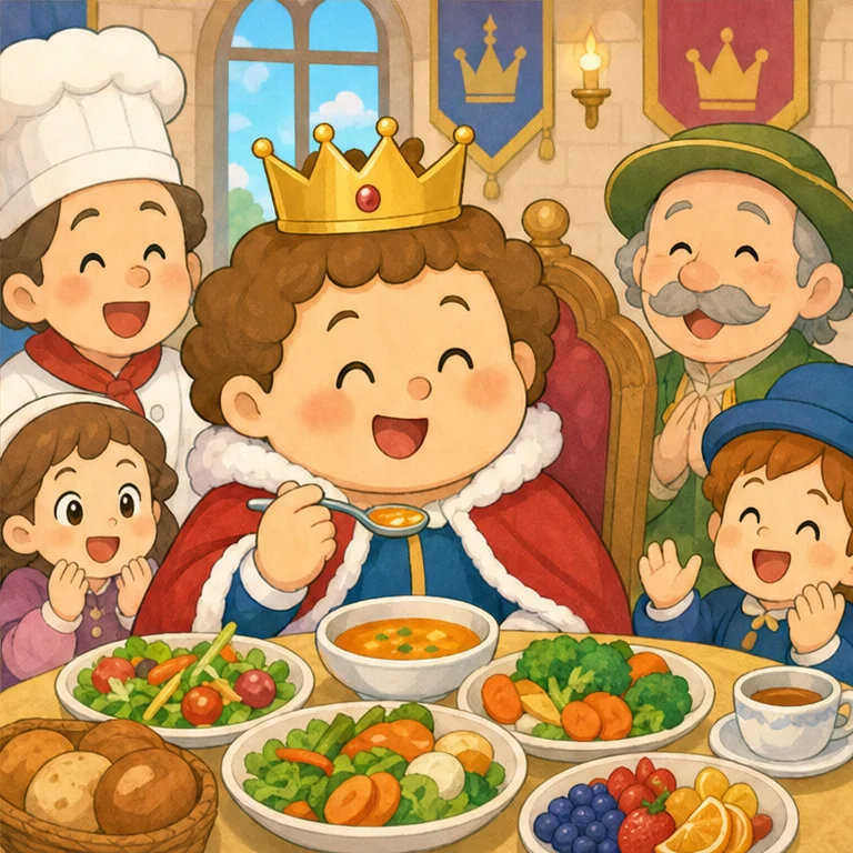 それから王さまは、食べる前に決めつけるのをやめました。
「きらいかどうかは、一口ためしてから考えよう！」
食べてみて、おいしいものを見つけると、うれしい気持ちになります。
はじめての食べものは、大人に聞いてから、小さく一口ためしてみようね。