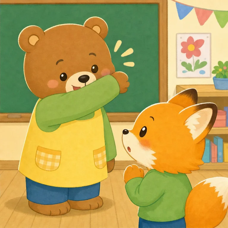先生がやさしく言いました。
「くしゃみのときは、口と鼻を腕でおおおうね。」
「そうすると、見えない小さなしぶきが遠くまで飛びにくくなるよ。」
「まわりのお友だちを守る、やさしいお約束だよ。」