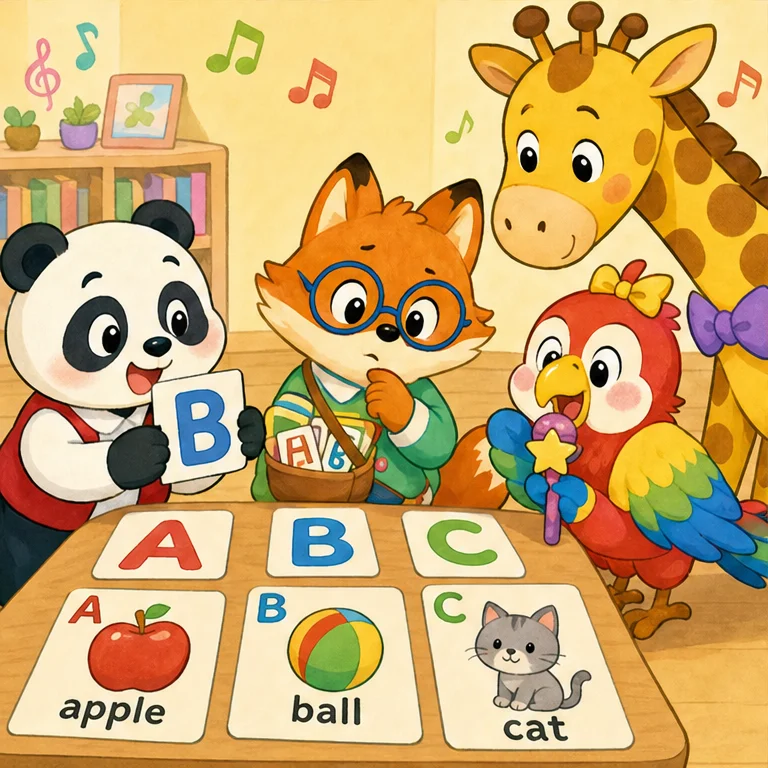 ABC letters appear in English words.
A connects to names of things like apple, and B connects to things like ball.
When you look while you sing, you can become friends with the letters.