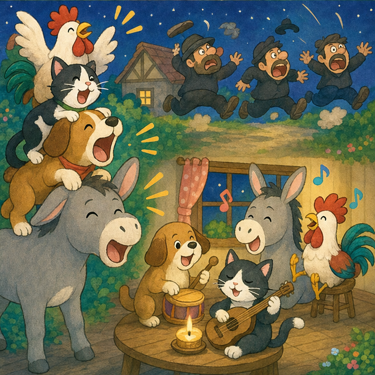 ろばさんが「ヒヒーン！」
犬さんが「ワンワン！」
ねこさんが「ニャー！」
おんどりさんが「コケコッコー！」
大きな声に、悪い人たちは びっくりして 逃げていきました。
動物たちは、その家で なかよく 暮らすことにしました。
みんなで歌えば、ここが すてきな音楽隊のおうちです。