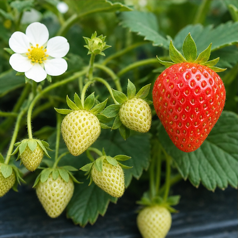 いちごは、はじめに白い花が咲きます。
花のあとに、小さな実ができます。
実は少しずつ大きくなって、赤くなります。