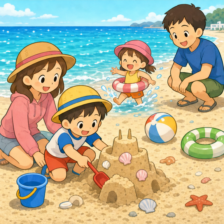 砂で お山を 作ったり、貝がらを ならべたりできます。
波が ちょん、と 足に さわると、ひんやり 気持ちいいね。
でも、ひとりで 遠くへ 行ってはいけません。
海で 遊ぶときは、かならず 大人の そばに いようね。