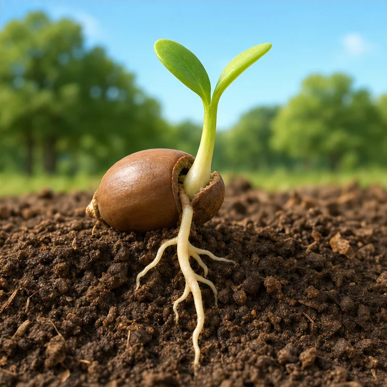 An acorn may sprout on the soil.
First, a root grows out and takes in water.
Before long, it grows into a small tree.