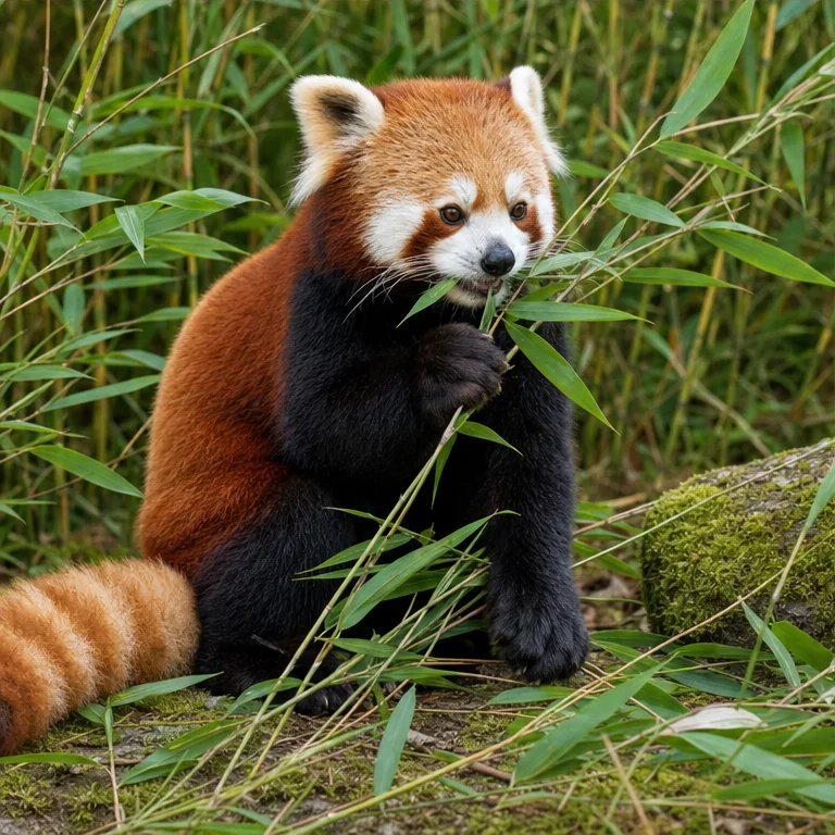 Red pandas often eat bamboo leaves.
They sometimes use their front paws to hold food.
They also eat fruit and tree nuts.