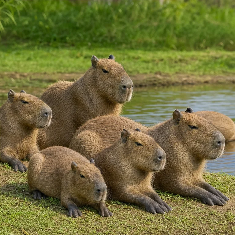 Capybaras are often together with their group.
They sometimes gather close and rest.
They are animals that spend their time calmly.