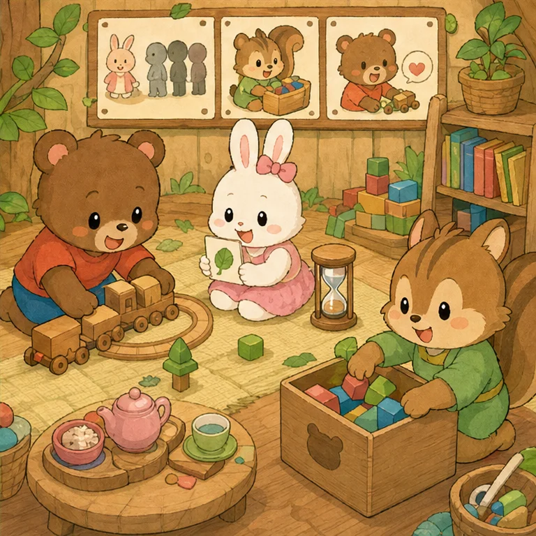 次の日、みんなは決めたルールを守って遊びました。
こぐまくんが電車で遊んだら、次はうさぎちゃんの番です。
遊び終わった積み木は、おもちゃ箱に戻します。
「貸してくれてありがとう。」
「次はどうぞ。」
みんなで決めたルールを守ると、けんかが少なくなりました。
秘密基地は、みんながにこにこ遊べる場所になりました。