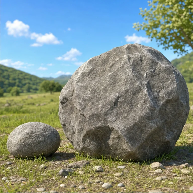 Small ones are often called stones.
Very large ones are sometimes called rocks.
Both stones and rocks are hard things made by nature.