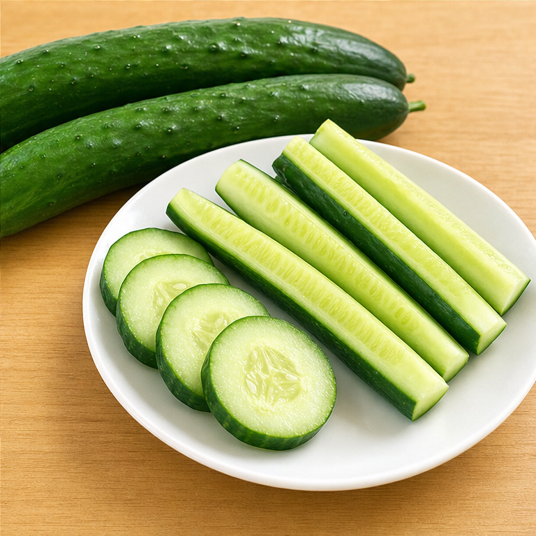 きゅうりは、よく洗ってから食べます。
生のまま、サラダに入れることがあります。
食べると、ポリポリした音がします。