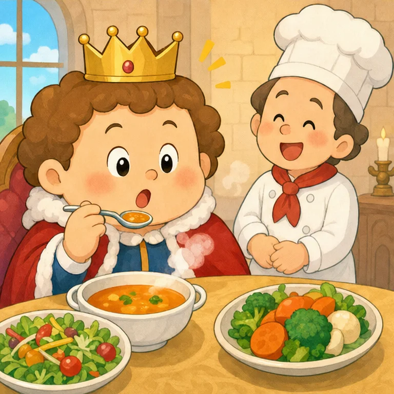 王さまは、スプーンで小さく一口、ぱくっ。
すると……
「あれ？思っていたより、おいしい！」
王さまは、びっくりして目をまんまるにしました。
