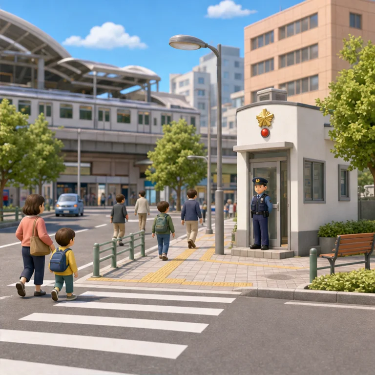 交番は、駅の近くや大きな道のそばにあります。
人がよく通る、見つけやすい場所にあります。
まちを歩くとき、どこにあるか見てみましょう。