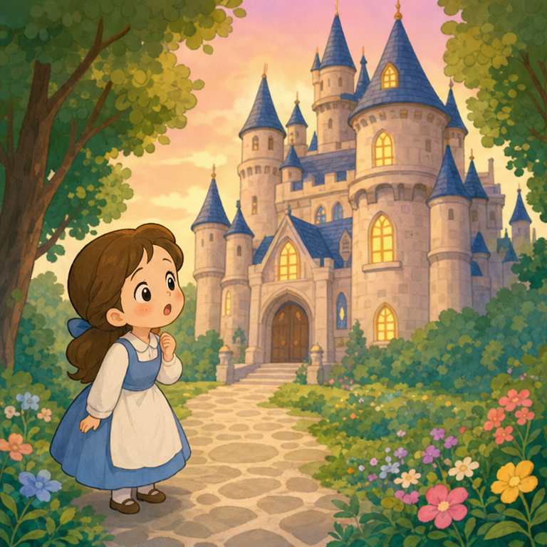 ある日、やさしい女の子が、森の中で大きなお城を見つけました。
お城は少しふしぎだけれど、窓からはあたたかい光が見えます。
女の子は、ドキドキしながら中へ入ってみることにしました。