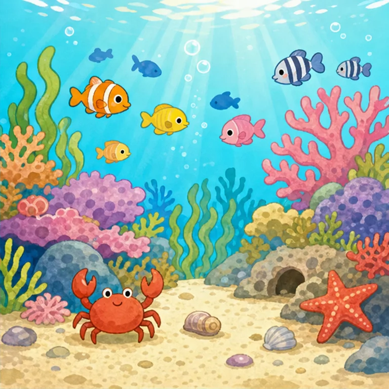 In the shallow parts of the sea, there are coral and seaweed.
Coral and seaweed are like “homes” for living things.
Fish play hide-and-seek, and crabs walk on the sand.
There are places where everyone lives under the sea, too.