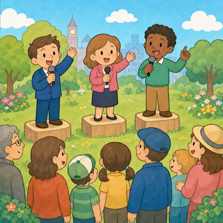 大統領になりたい人は、みんなにお話をします。
『学校をよくしたいです』
『町を安全にしたいです』
『いろいろな国と仲よくしたいです』
大人たちは、そのお話を聞いて、だれがよいかなと考えます。