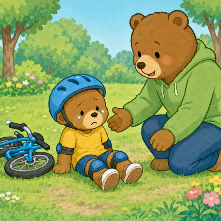 こぐまは ペダルを こぎました。
でも、自転車が ぐらぐら。
どてん。
ころんで しまいました。
もう一回 やっても、また ぐらぐら。
こぐまは しょんぼりして 言いました。
「もう やめたい。ぼくには できないよ」