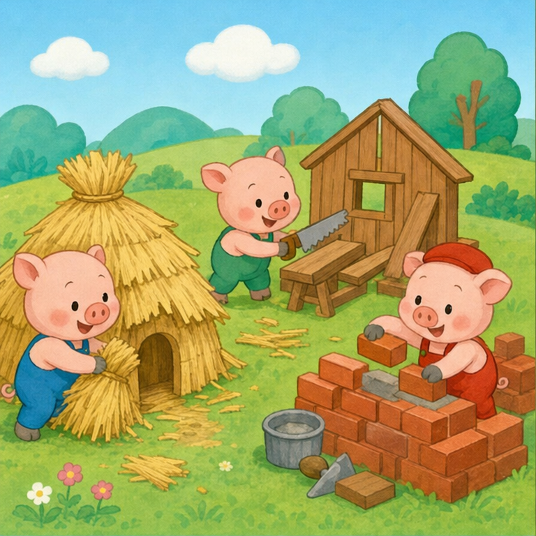 あるところに、三びきの子ぶたがいました。
子ぶたたちは、自分のおうちを作ることにしました。
いちばんめの子ぶたは、わらのおうちを作りました。
にばんめの子ぶたは、木のおうちを作りました。
さんばんめの子ぶたは、レンガを一つずつ積んで、しっかりしたおうちを作りました。