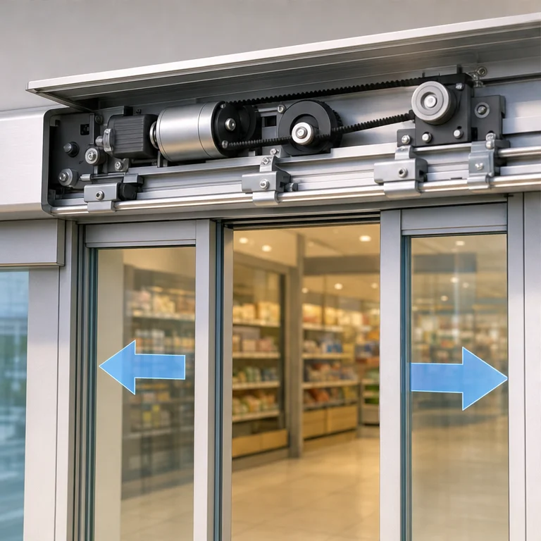 Above the door, there is a machine that makes it move.
When the motor moves, the door slides sideways.
That is why the door opens smoothly.