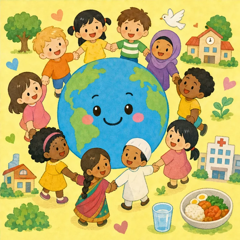 사람이 늘어나는 나라도, 줄어드는 나라도 있어요.
늘어나는 것도, 줄어드는 것도, 어느 쪽이 더 훌륭하다는 뜻은 아니에요.
중요한 것은 모두가 밥을 먹을 수 있고, 안심하고 잠들 수 있고, 즐겁게 배울 수 있는 거예요.
지구의 모두가 사이좋게 살 수 있으면 좋겠어요.